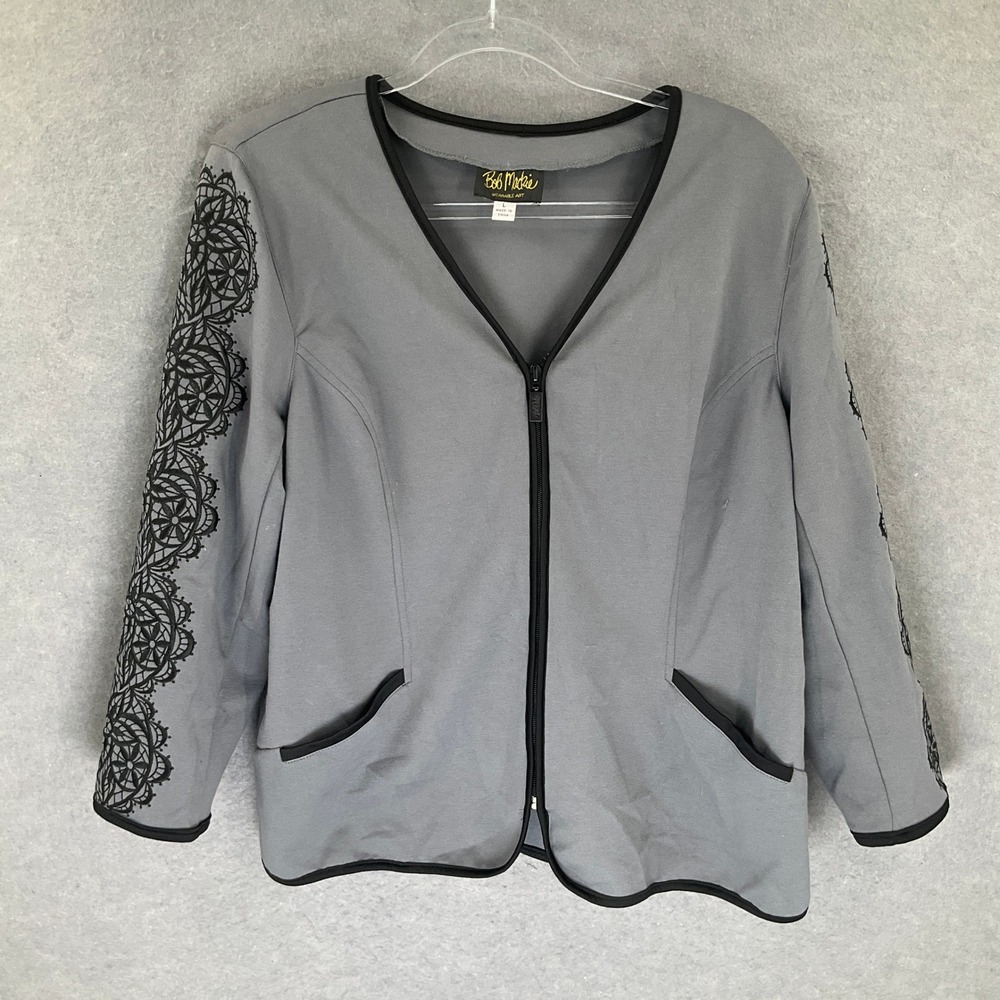 Bob Mackie Blazer Womens Sz‎ L Gray Lace Wearable Art Zip Front Jacket Artsy